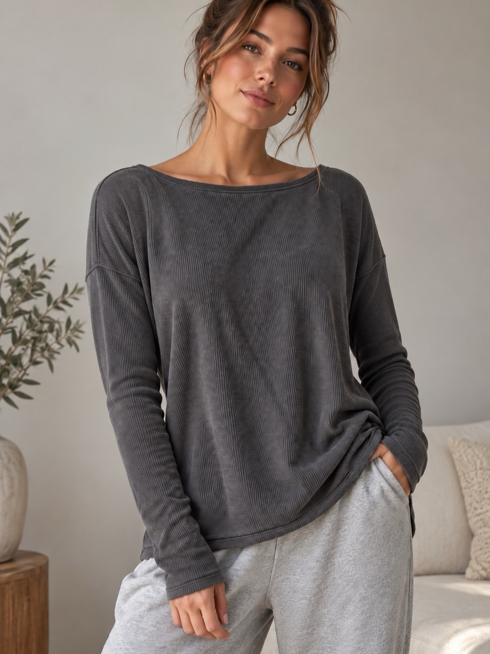 Lululemon Back in Action Waffle Long Sleeve Grey Oversized Top Size 10 12 Approx